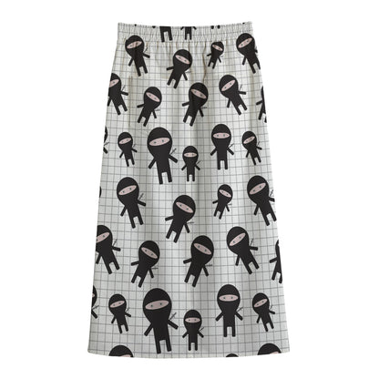 Cute Ninja Pattern Print Cotton Front Slit Maxi Skirt