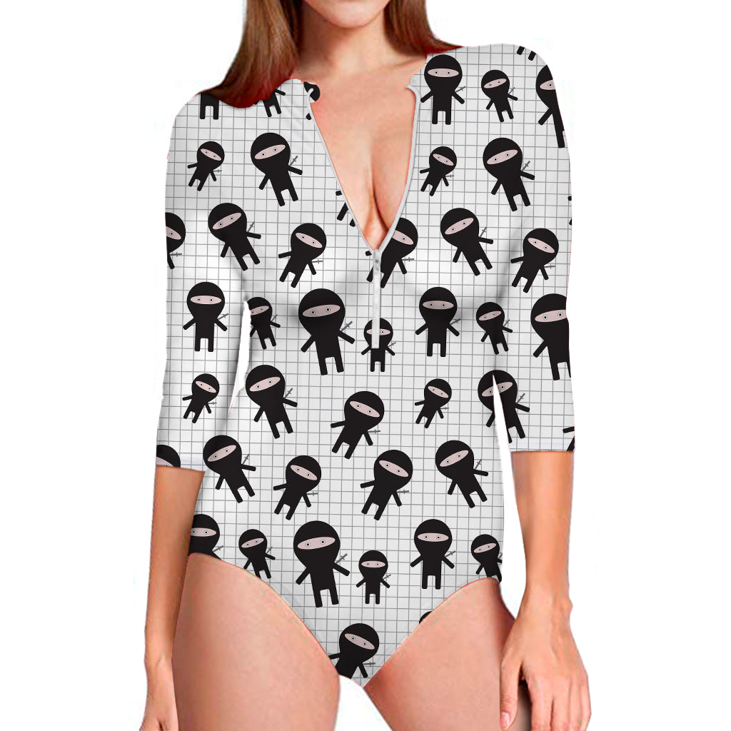 Cute Ninja Pattern Print Long Sleeve Swimsuit