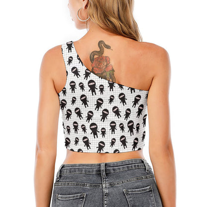 Cute Ninja Pattern Print One Shoulder Crop Top