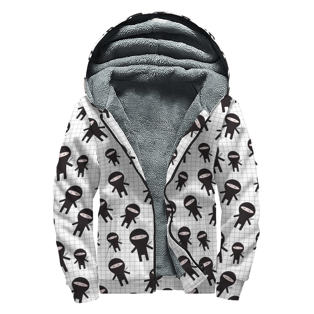 Cute Ninja Pattern Print Sherpa Lined Zip Up Hoodie