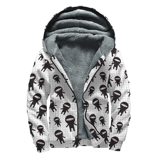 Cute Ninja Pattern Print Sherpa Lined Zip Up Hoodie
