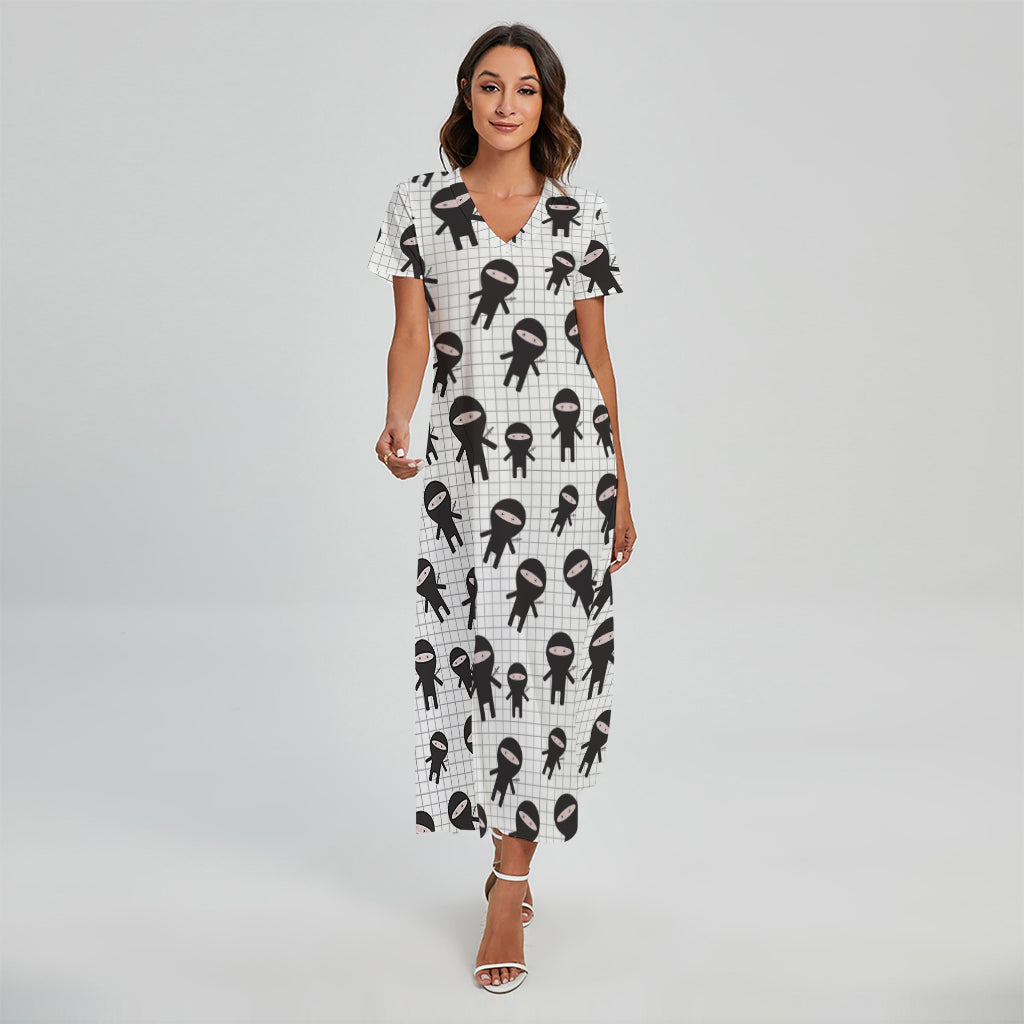 Cute Ninja Pattern Print Short Sleeve Maxi Dress