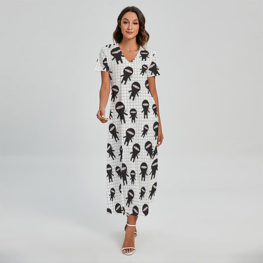 Cute Ninja Pattern Print Short Sleeve Maxi Dress