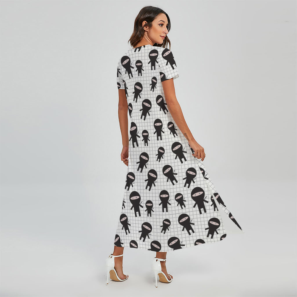 Cute Ninja Pattern Print Short Sleeve Maxi Dress