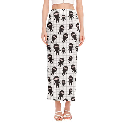 Cute Ninja Pattern Print Side Slit Maxi Skirt