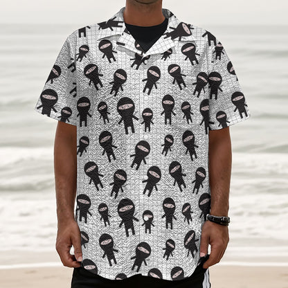 Cute Ninja Pattern Print Textured Short Sleeve Shirt