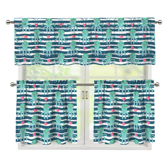 Cute Octopus Pattern Print 3 Piece Kitchen Curtains