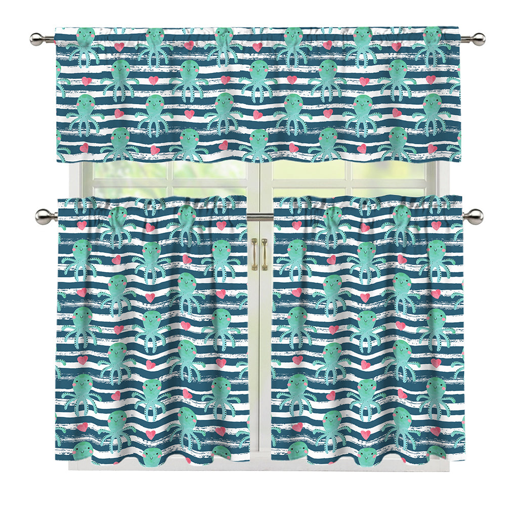 Cute Octopus Pattern Print 3 Piece Kitchen Curtains
