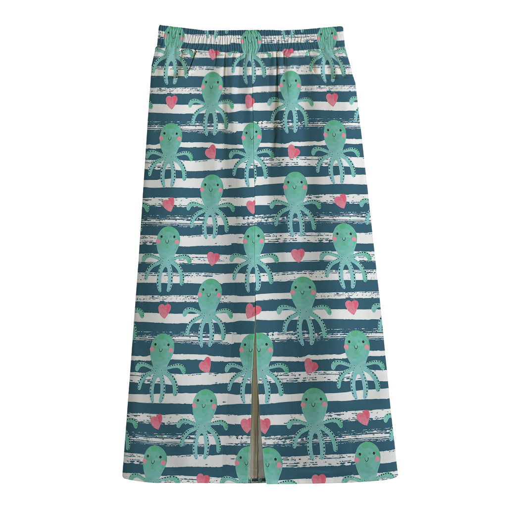 Cute Octopus Pattern Print Cotton Front Slit Maxi Skirt