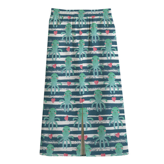 Cute Octopus Pattern Print Cotton Front Slit Maxi Skirt