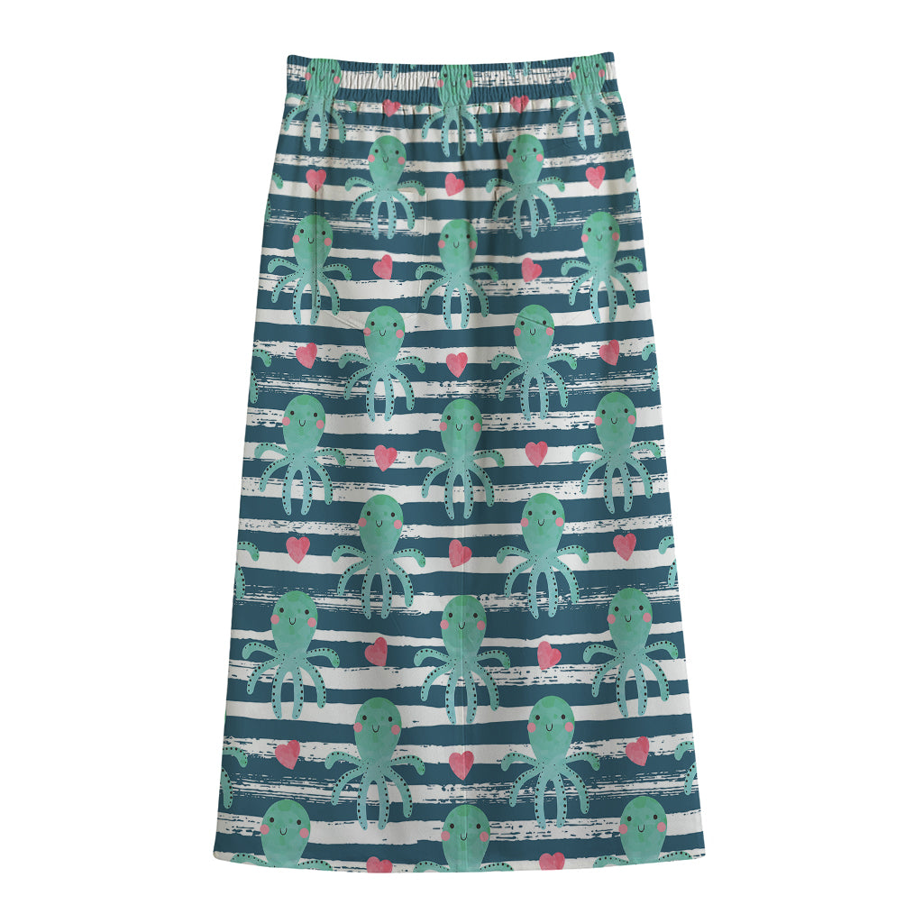 Cute Octopus Pattern Print Cotton Front Slit Maxi Skirt