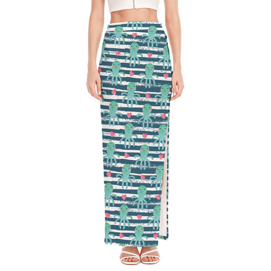 Cute Octopus Pattern Print High Slit Maxi Skirt