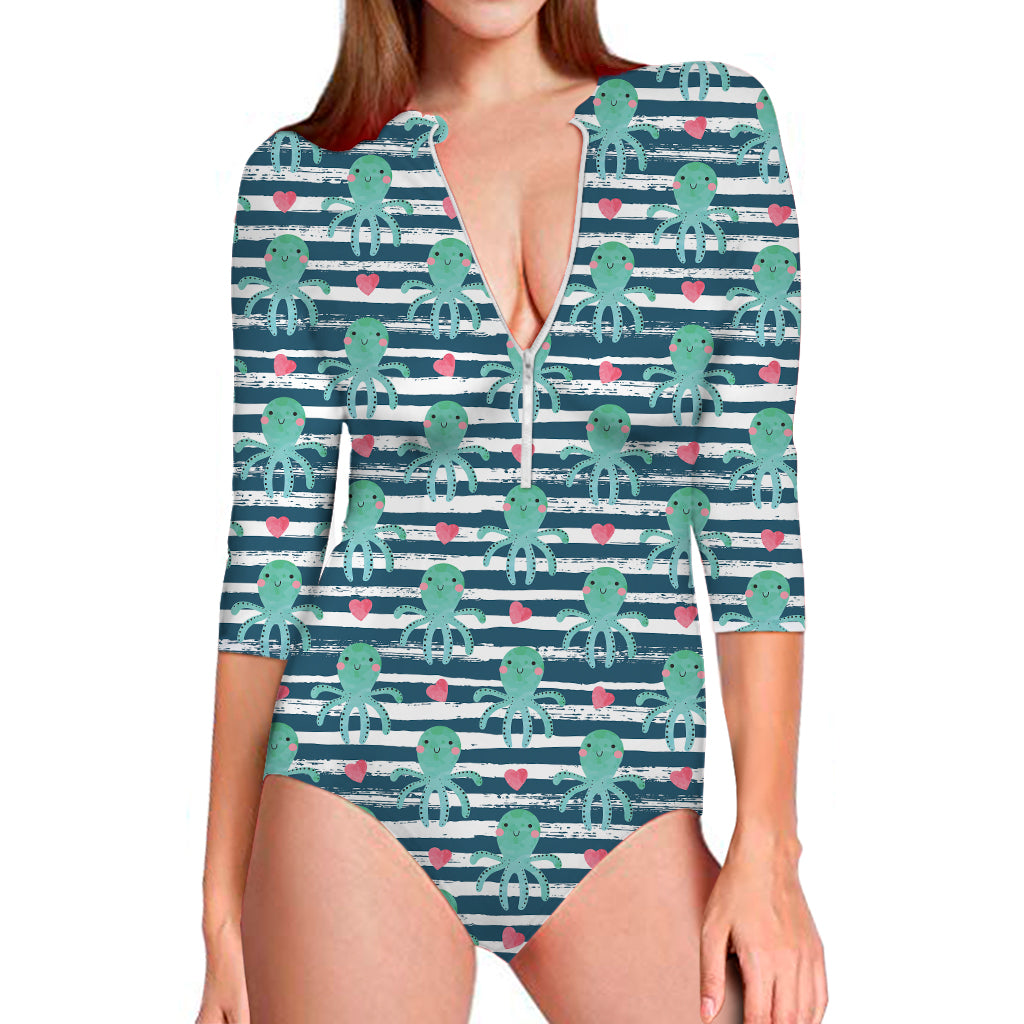 Cute Octopus Pattern Print Long Sleeve Swimsuit