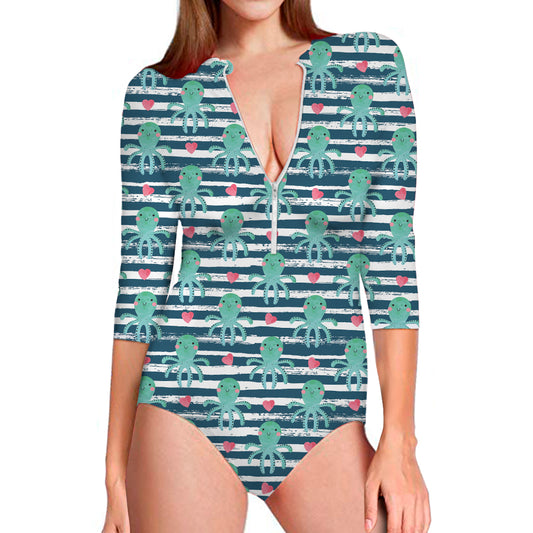 Cute Octopus Pattern Print Long Sleeve Swimsuit
