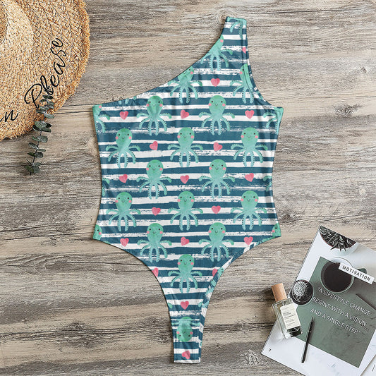 Cute Octopus Pattern Print One Shoulder Bodysuit