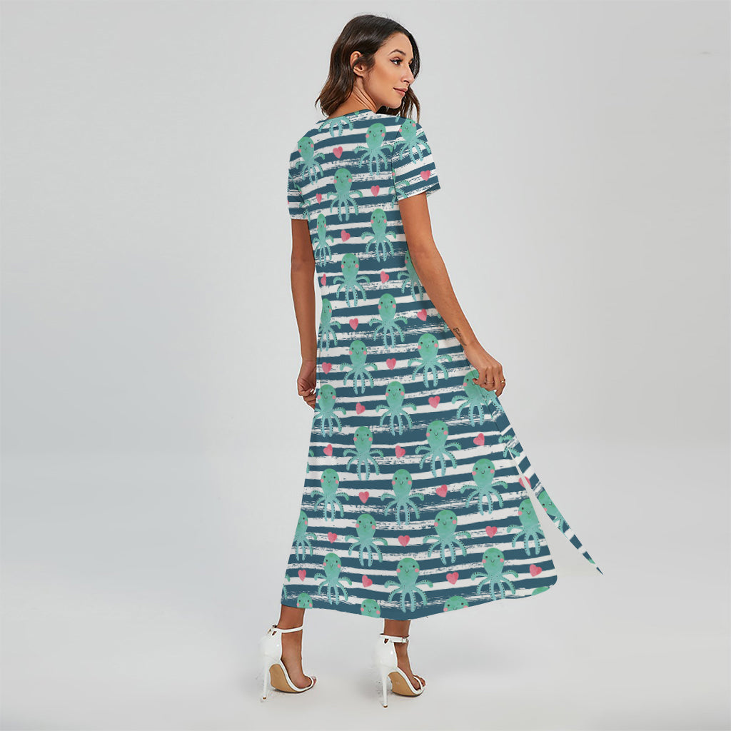 Cute Octopus Pattern Print Short Sleeve Maxi Dress