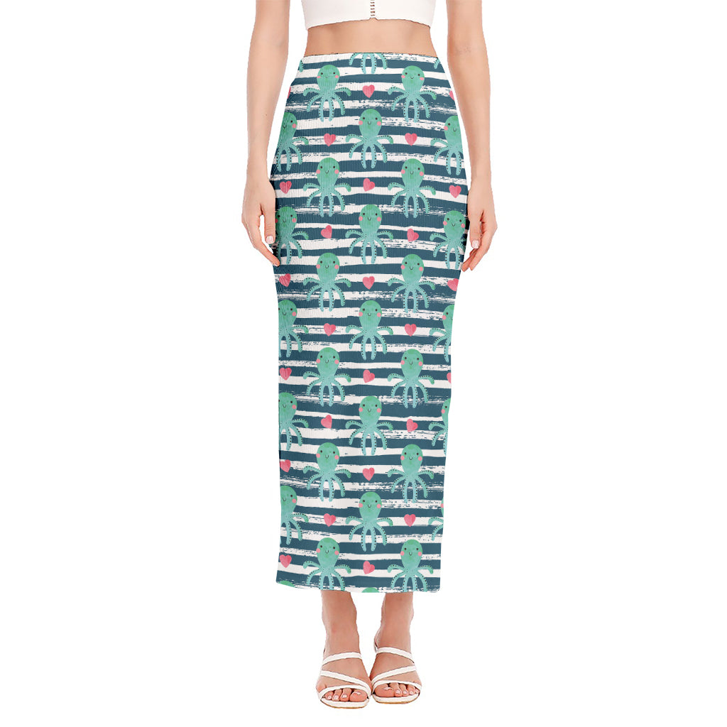 Cute Octopus Pattern Print Side Slit Maxi Skirt