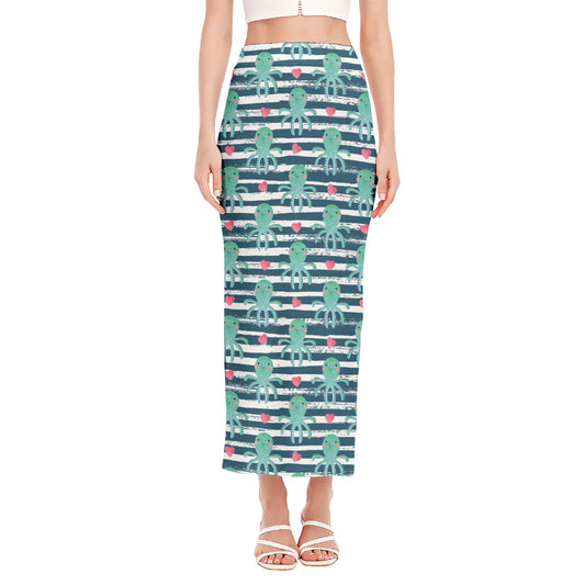 Cute Octopus Pattern Print Side Slit Maxi Skirt