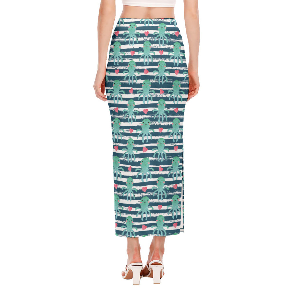 Cute Octopus Pattern Print Side Slit Maxi Skirt