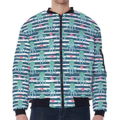 Cute Octopus Pattern Print Zip Sleeve Bomber Jacket