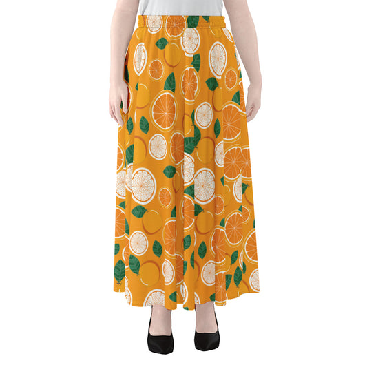 Cute Orange Fruit Pattern Print Chiffon Maxi Skirt
