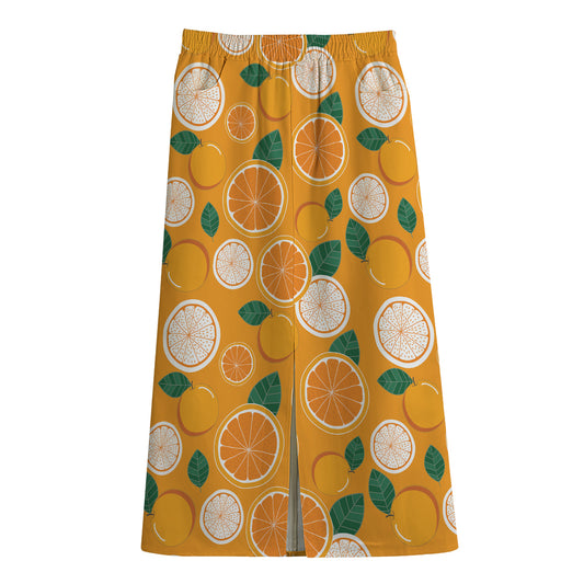 Cute Orange Fruit Pattern Print Cotton Front Slit Maxi Skirt