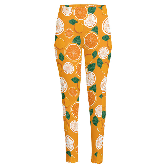 Cute Orange Fruit Pattern Print High-Waisted Pocket Leggings