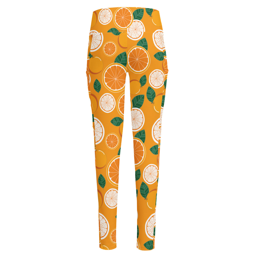 Cute Orange Fruit Pattern Print High-Waisted Pocket Leggings
