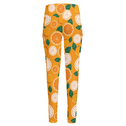 Cute Orange Fruit Pattern Print High-Waisted Pocket Leggings