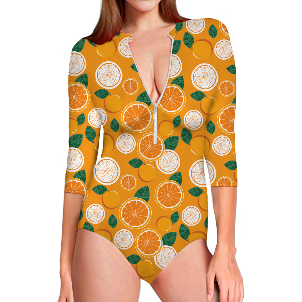 Cute Orange Fruit Pattern Print Long Sleeve Swimsuit