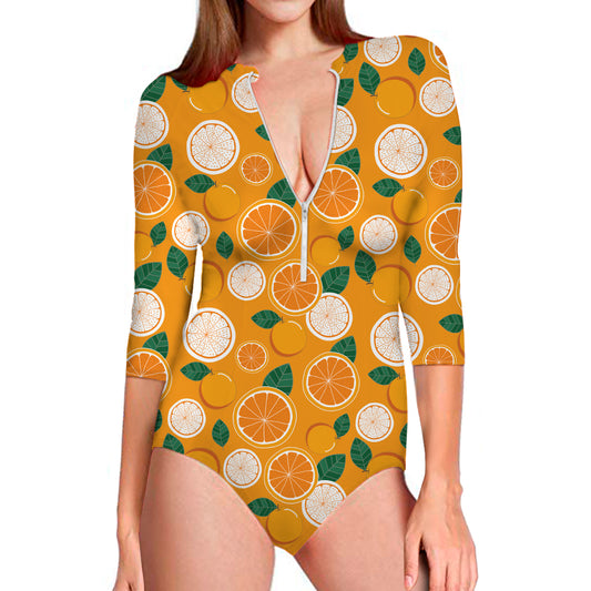 Cute Orange Fruit Pattern Print Long Sleeve Swimsuit