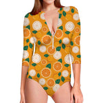 Cute Orange Fruit Pattern Print Long Sleeve Swimsuit