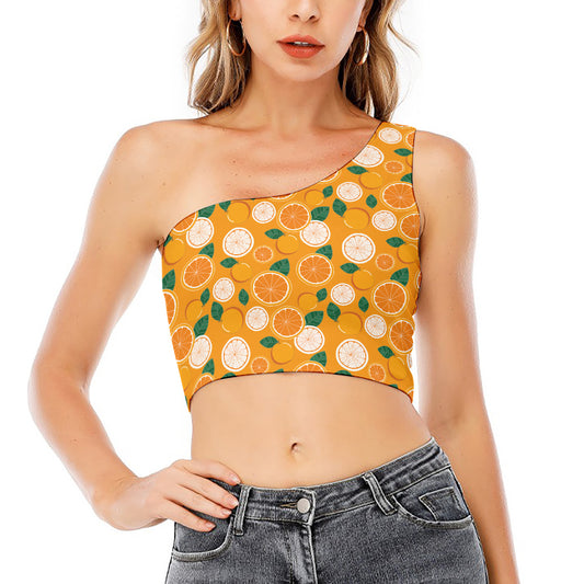 Cute Orange Fruit Pattern Print One Shoulder Crop Top
