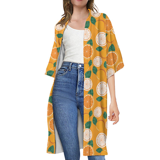 Cute Orange Fruit Pattern Print Open Front Beach Cover Up