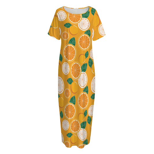 Cute Orange Fruit Pattern Print Short Sleeve Long Nightdress