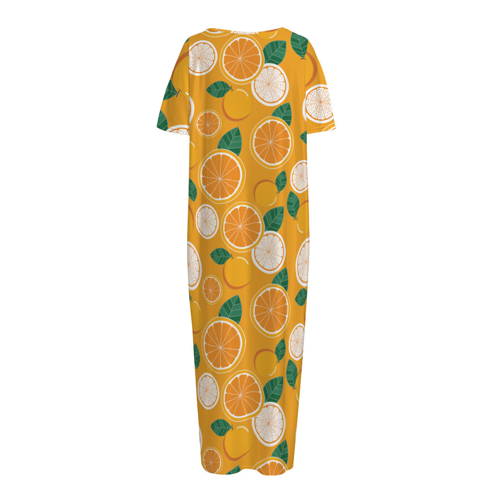 Cute Orange Fruit Pattern Print Short Sleeve Long Nightdress