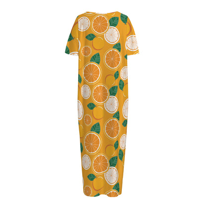 Cute Orange Fruit Pattern Print Short Sleeve Long Nightdress