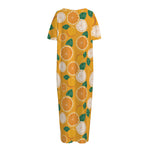 Cute Orange Fruit Pattern Print Short Sleeve Long Nightdress