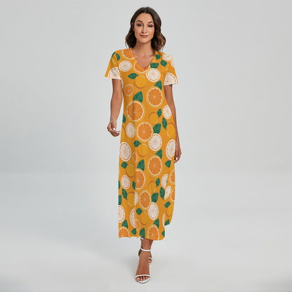 Cute Orange Fruit Pattern Print Short Sleeve Maxi Dress