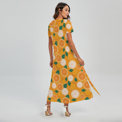 Cute Orange Fruit Pattern Print Short Sleeve Maxi Dress