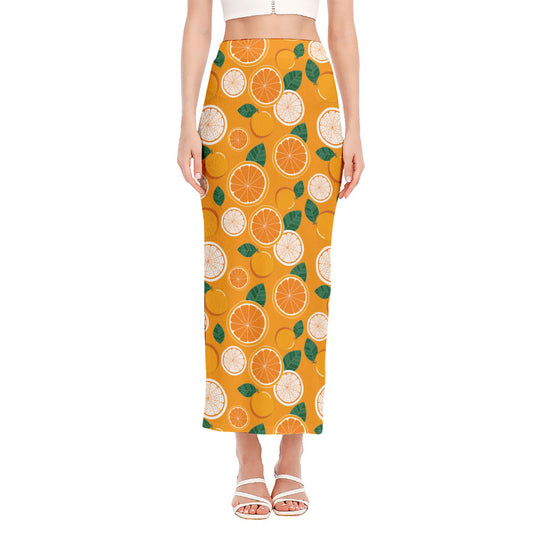 Cute Orange Fruit Pattern Print Side Slit Maxi Skirt