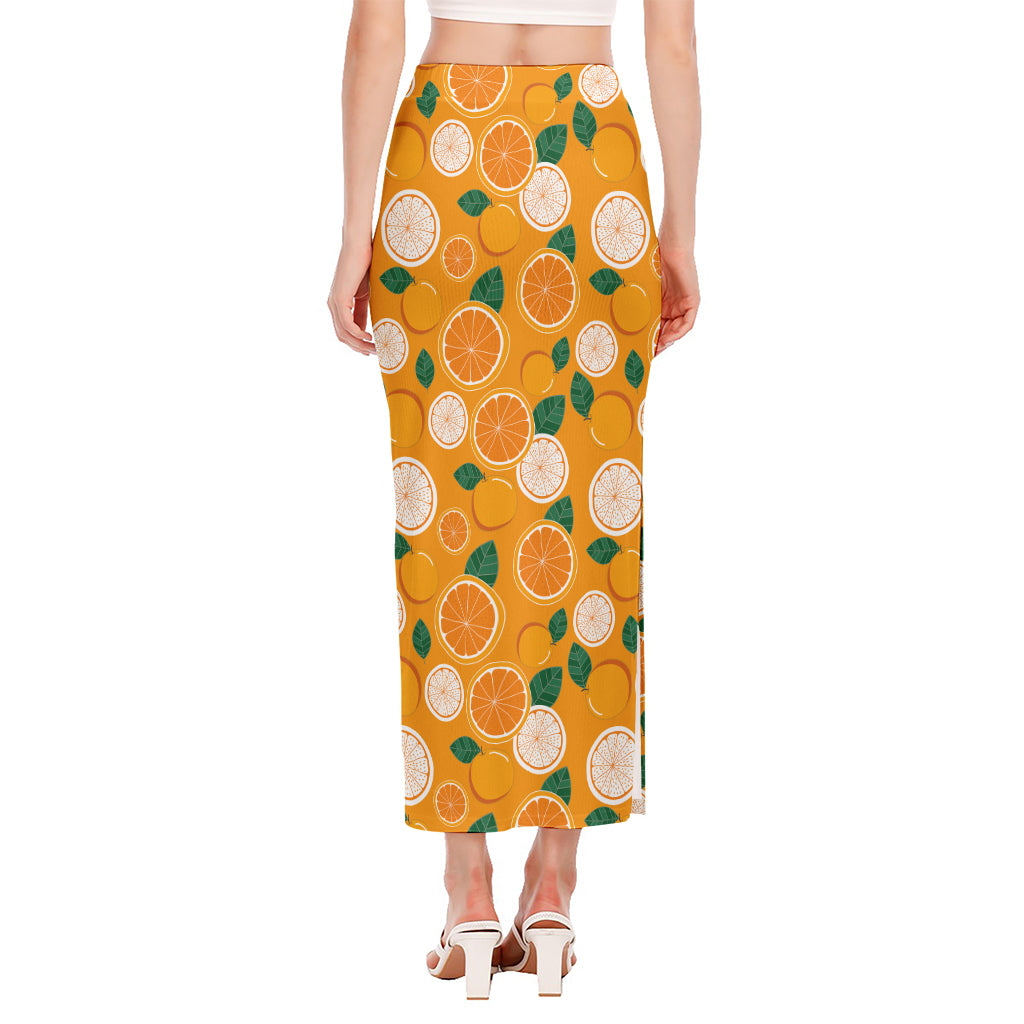 Cute Orange Fruit Pattern Print Side Slit Maxi Skirt