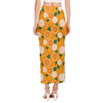 Cute Orange Fruit Pattern Print Side Slit Maxi Skirt