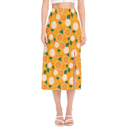 Cute Orange Fruit Pattern Print Side Slit Midi Skirt