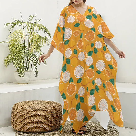 Cute Orange Fruit Pattern Print Silk V-Neck Kaftan Dress