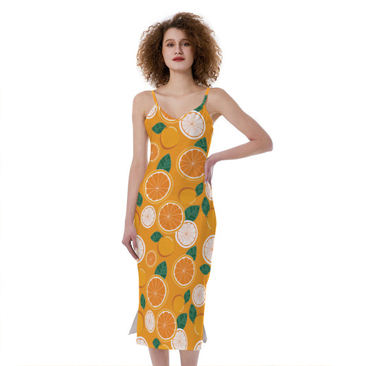 Cute Orange Fruit Pattern Print Slim Fit Midi Cami Dress