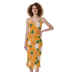 Cute Orange Fruit Pattern Print Slim Fit Midi Cami Dress