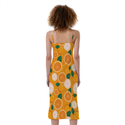 Cute Orange Fruit Pattern Print Slim Fit Midi Cami Dress