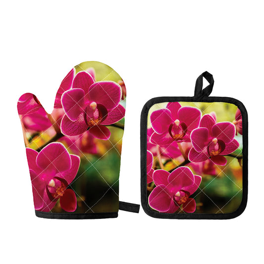Cute Orchid Print Oven Mitt And Pot Holder Set