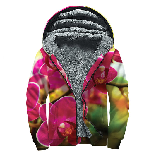 Cute Orchid Print Sherpa Lined Zip Up Hoodie